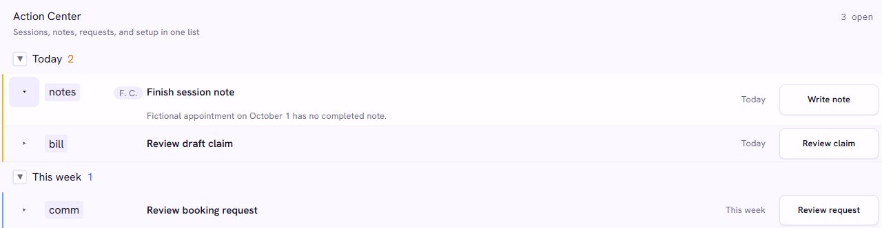 Action Center showing fictional outstanding notes, a draft claim, and a booking request grouped by priority