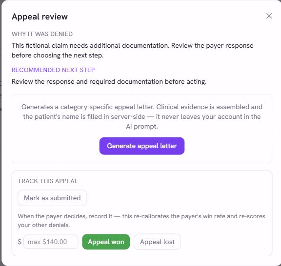 Appeal review with a fictional denial, explanation, and a separate Mark as submitted control