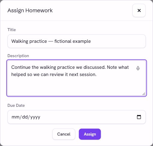 Assign Homework form with a fictional activity title, description, and optional due date