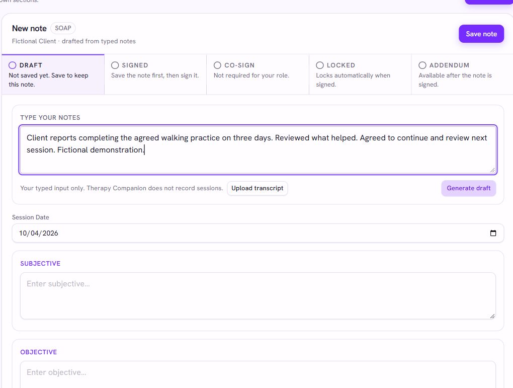 The Therapy Companion note editor with fictional typed input and separate draft, signing, and addendum states